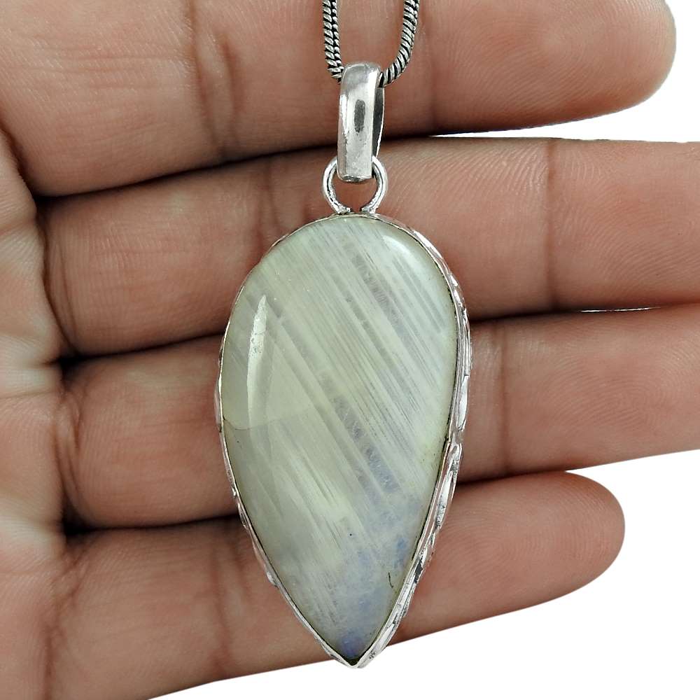 Natural Rainbow Moonstone Gemstone Pendant Bohemian White 925 Sterling Silver U8