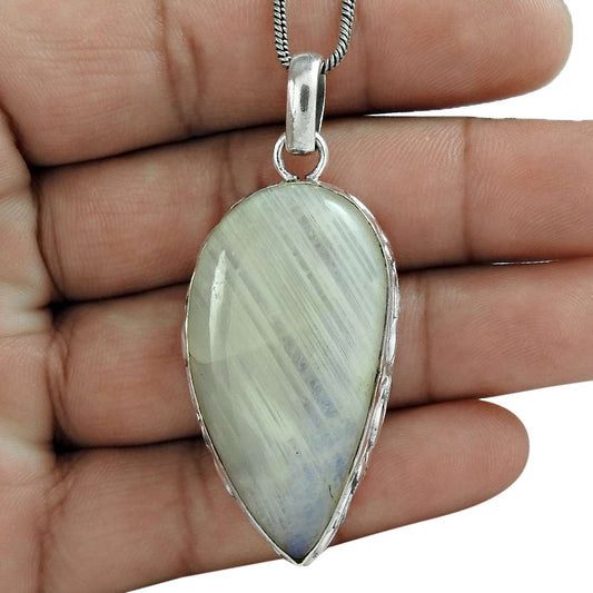 Natural Rainbow Moonstone Gemstone Pendant Bohemian White 925 Sterling Silver U8