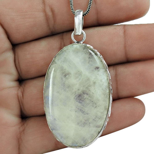 Natural Rainbow Moonstone Gemstone Pendant Vintage White 925 Sterling Silver V8