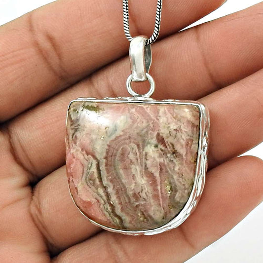 Natural Rhodochrosite Gemstone Pendant Ethnic Pink 925 Sterling Silver P7