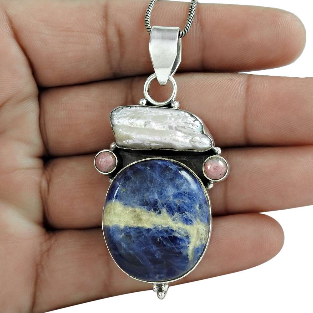 Natural Sodalite Gemstone Pendant Blue 925 Sterling Silver Indian Jewelry M9