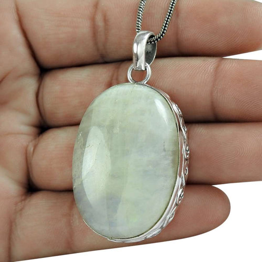 Gift For Her 925 Silver Natural Rainbow Moonstone Gemstone Pendant Ethnic C66