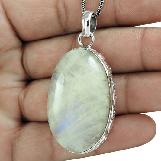 Halloween Gift Natural Rainbow Moonstone Pendant Boho 925 Sterling Silver N14