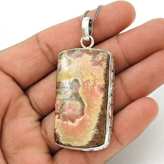 Gift For Women Pendant Vintage 925 Silver Natural Rhodochrosite Gemstone Y8