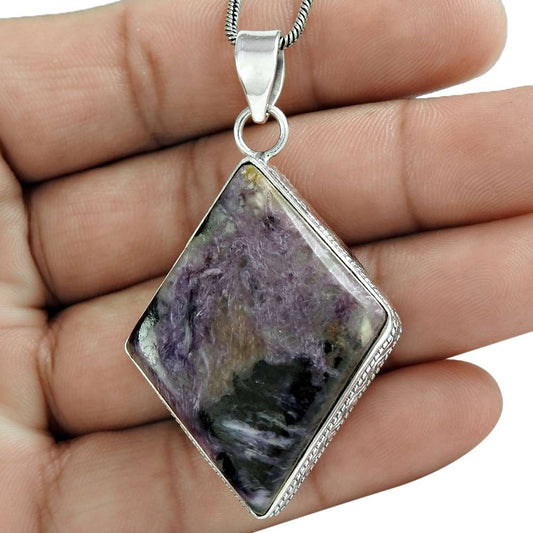 Anniversary Gift For Her Natural Charoite Gemstone Pendant Ethnic 925 Silver Y7