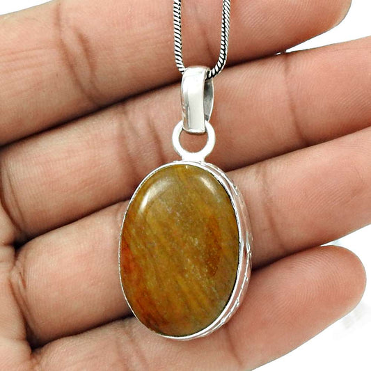 Natural Jasper Gemstone Pendant Stylish Brown 925 Sterling Silver Jewelry T7
