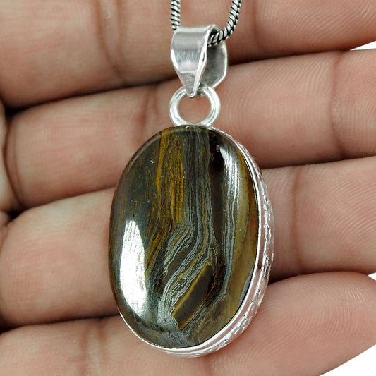 Halloween Gift 925 Sterling Silver Natural Iron Tiger'S Eye Gemstone Pendant S9