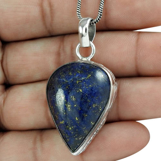 Natural Lapis Lazuli Gemstone Pendant Bohemian 925 Sterling Silver For Women X8