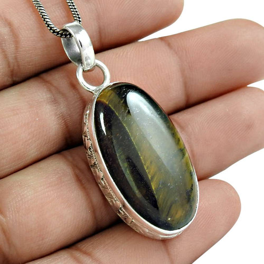 Wedding Gift For Her 925 Silver Natural Tiger'S Eye Gemstone Pendant Vintage T24