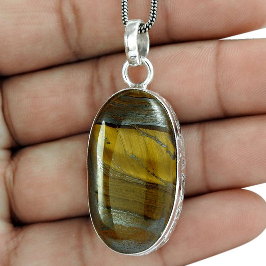Halloween Gift 925 Sterling Silver Natural Tiger Eye Gemstone Jewelry Pendant U9