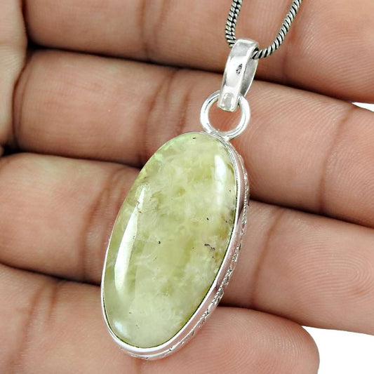 Natural Prehnite Gemstone Pendant Vintage Green 925 Sterling Silver Jewelry Y8