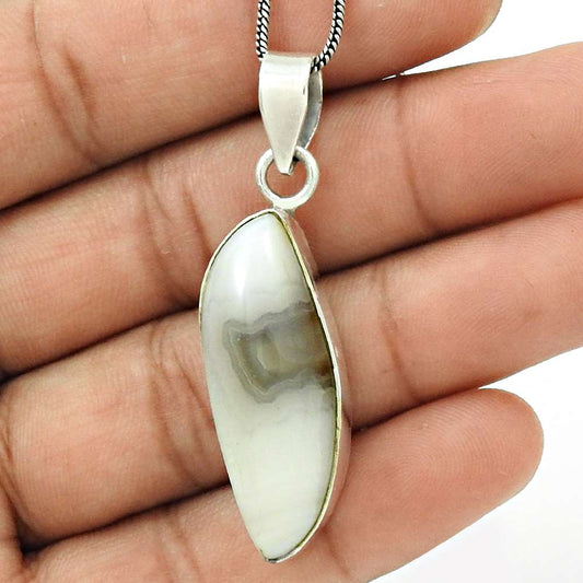 Natural Botswana Agate Gemstone Pendant Boho Ivory 925 Sterling Silver I8