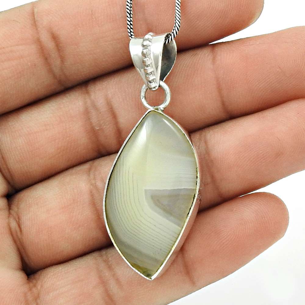 Natural Botswana Agate Gemstone Pendant Stylish Ivory 925 Sterling Silver K8