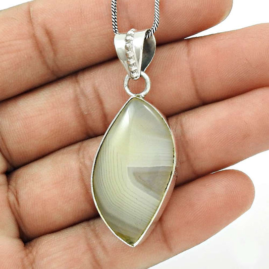 Natural Botswana Agate Gemstone Pendant Stylish Ivory 925 Sterling Silver K8