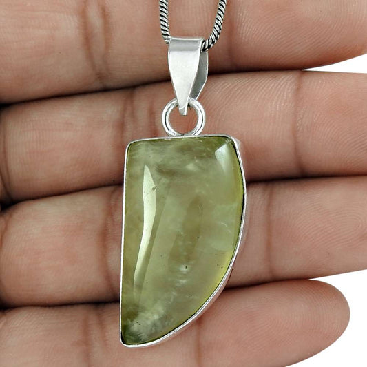 Natural Prehnite Gemstone Pendant Ethnic 925 Sterling Silver For Girls O25