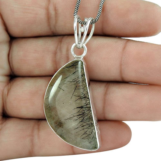 Halloween Gift Natural Black Rutile Gemstone Pendant 925 Silver Z9