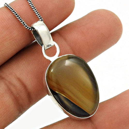 Natural Lace Agate Gemstone 925 Sterling Silver Pendant Vintage For Women M8