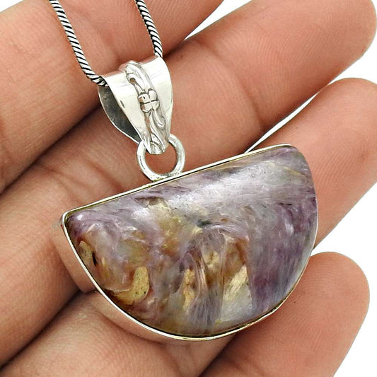 Natural Charoite Gemstone 925 Sterling Silver Pendant Tribal For Girls N8