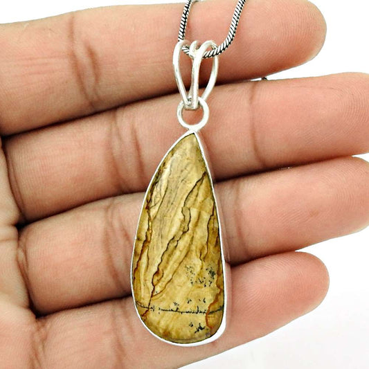 Natural Picture Jasper Gemstone Pendant Boho 925 Sterling Silver Jewelry O8