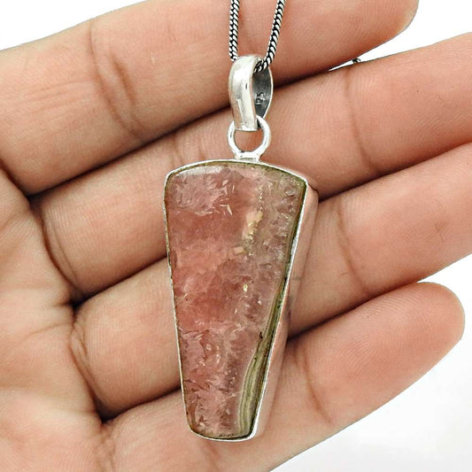 Natural Rhodonite Gemstone Pendant Stylish Pink 925 Sterling Silver Jewelry A9