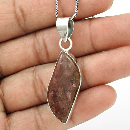 Natural Rhodonite Gemstone Pendant Ethnic Pink 925 Sterling Silver Jewelry H9
