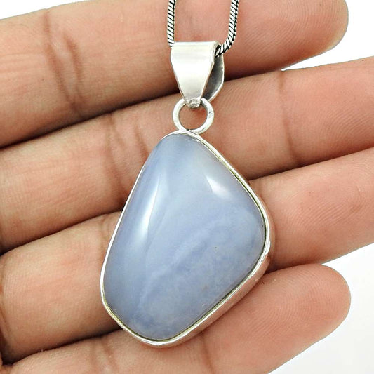 Natural Blue Lace Agate Gemstone 925 Silver Pendant Stylish For Girls S9