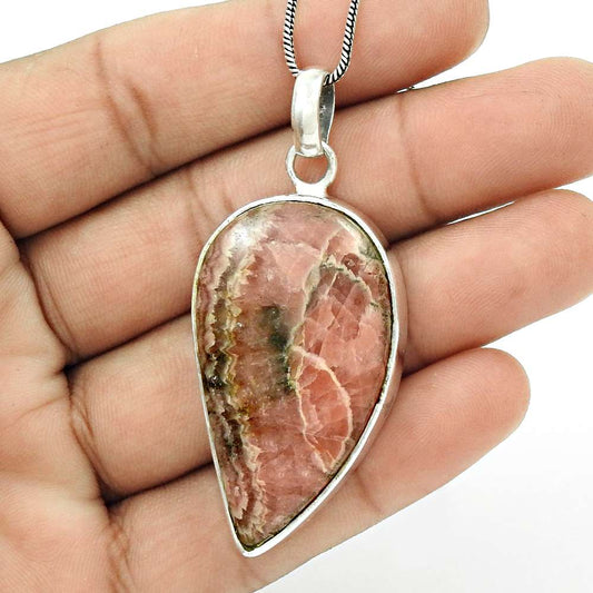 Natural Rhodochrosite Gemstone Pendant Ethnic Pink 925 Sterling Silver T9