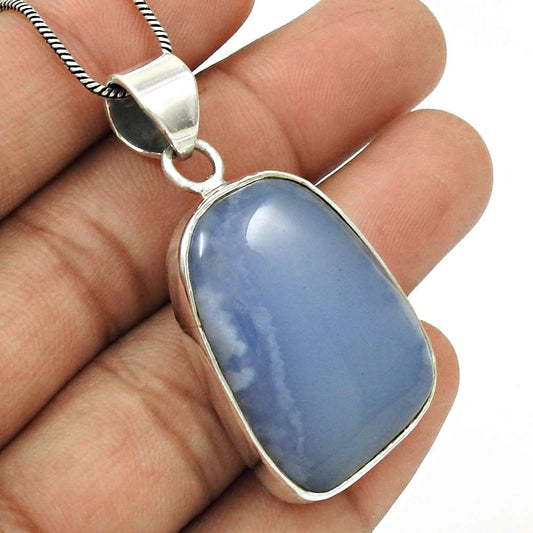 Natural Blue Lace Agate Gemstone Pendant Vintage 925 Sterling Silver Jewelry U9