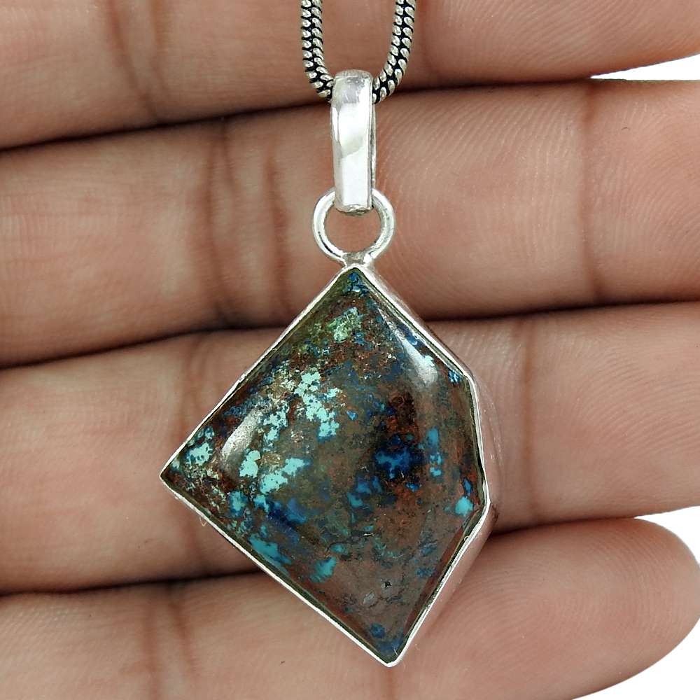 Natural Azurite Gemstone 925 Sterling Silver Pendant Ethnic For Girls B34