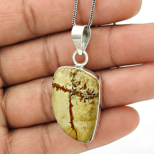 Birthday Gift For Her Natural Picture Jasper Pendant Bohemian 925 Silver X9