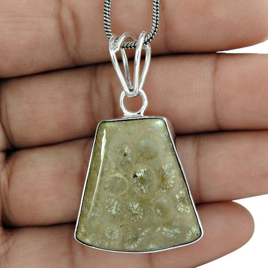 Wedding Gift For Her 925 Silver Natural Crinoid Fossil Pendant Ethnic C3