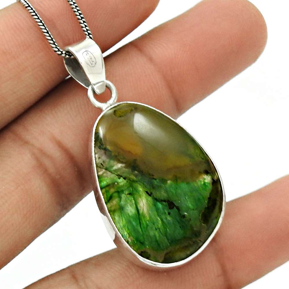Natural Moss Agate Gemstone Pendant Boho 925 Sterling Silver Indian Jewelry I10