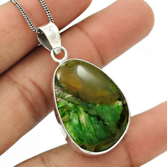 Natural Moss Agate Gemstone Pendant Boho 925 Sterling Silver Indian Jewelry I10