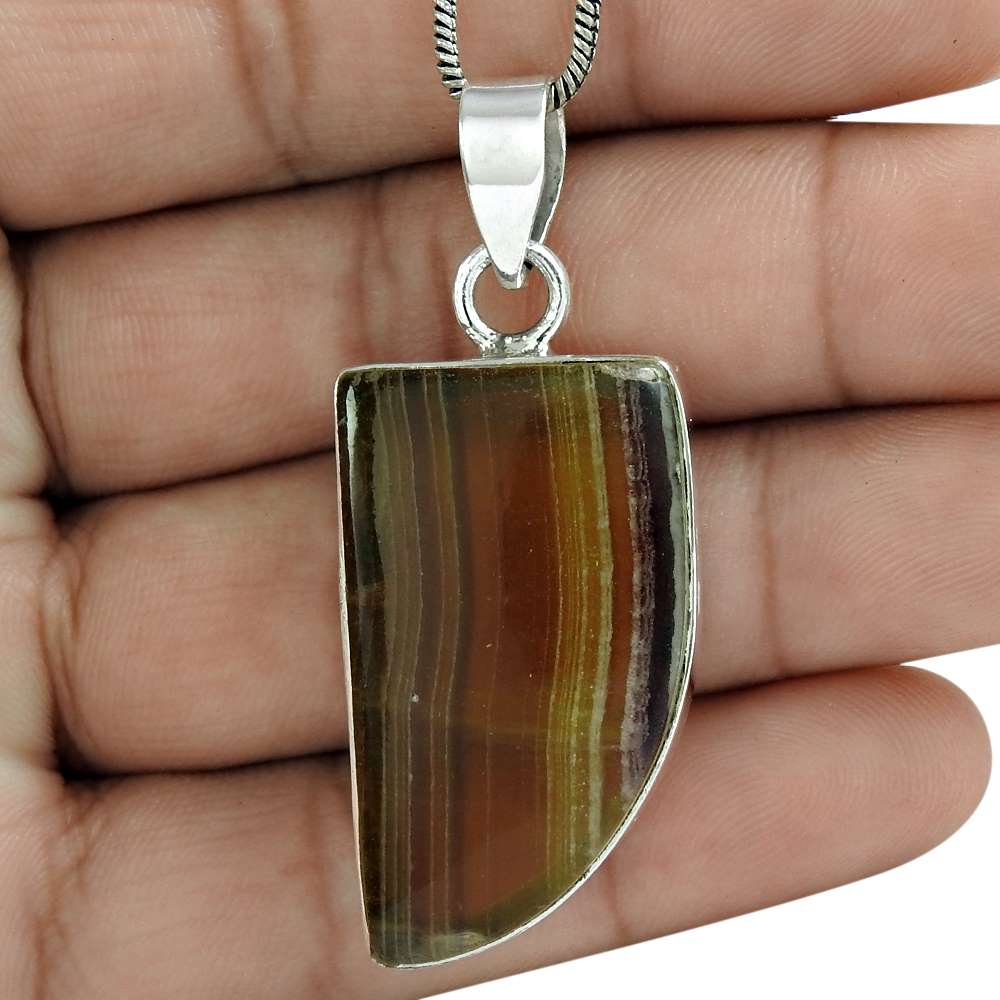 Natural Fluorite Gemstone Pendant Vintage 925 Sterling Silver For Women Z31