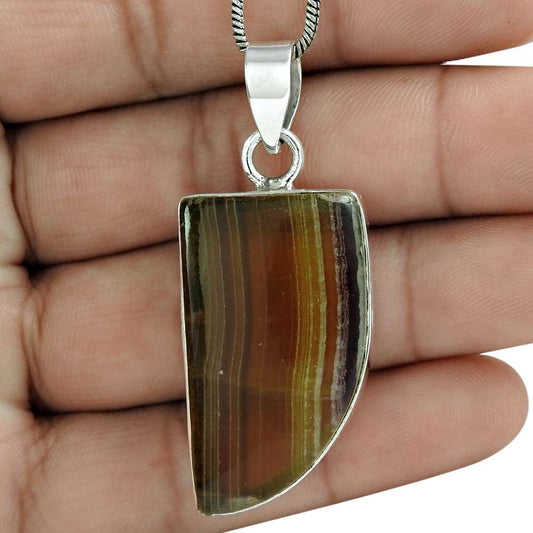 Natural Fluorite Gemstone Pendant Vintage 925 Sterling Silver For Women Z31