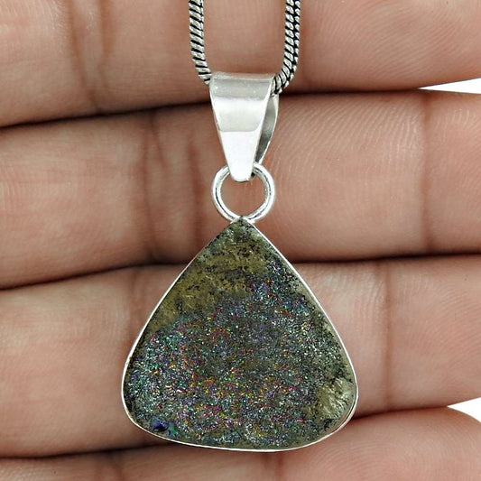 Natural Druzy Gemstone Pendant Tribal 925 Sterling Silver Jewelry For Women O39