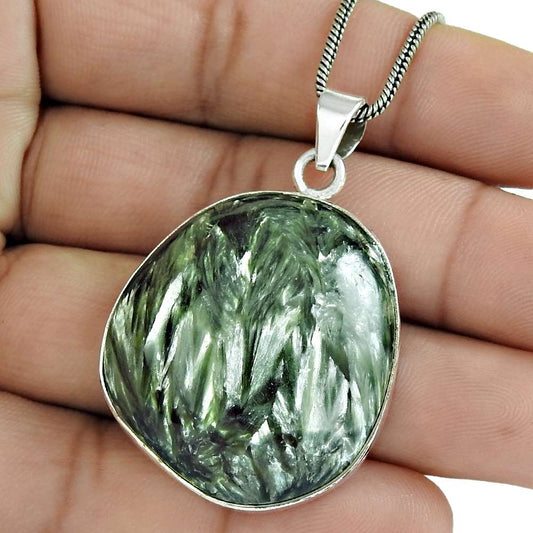 Halloween Gift Natural Seraphinite Pendant Bohemian 925 Silver O6