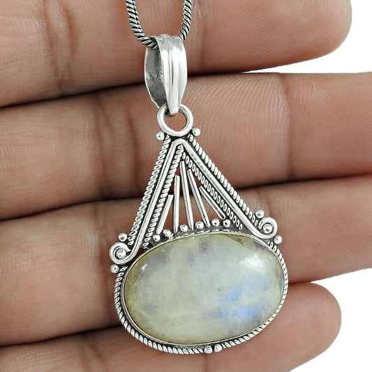 Natural Rainbow Moonstone Gemstone Pendant Bohemian 925 Sterling Silver A52
