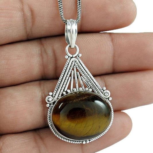 Halloween Gift Natural Tiger'S Eye Gemstone Pendant 925 Sterling Silver P10