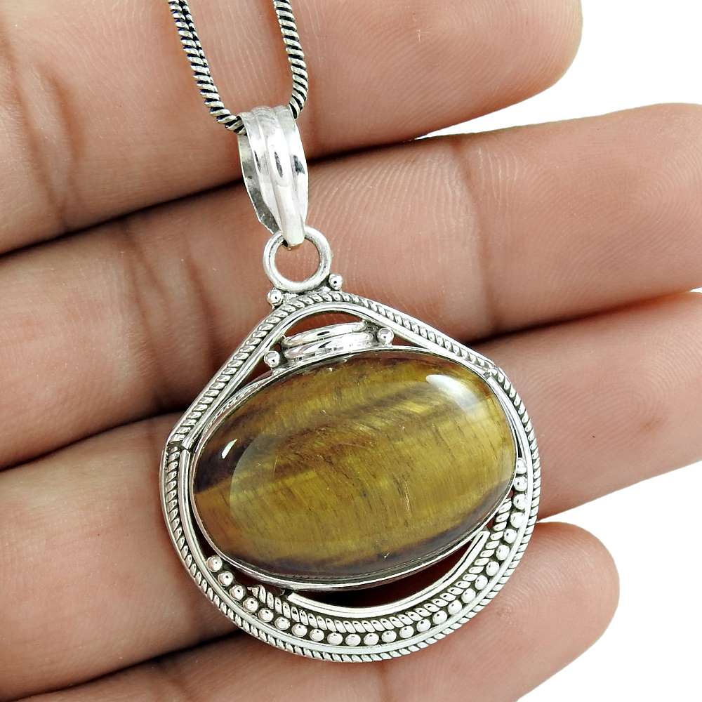 Halloween Gift Natural Tiger'S Eye Gemstone Pendant 925 Silver Q2
