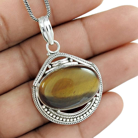 Gift For Her 925 Silver Natural Tiger'S Eye Gemstone Pendant Vintage B93