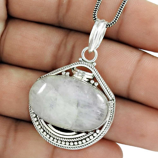 Halloween Gift 925 Silver Natural Rainbow Moonstone Gemstone Pendant S10