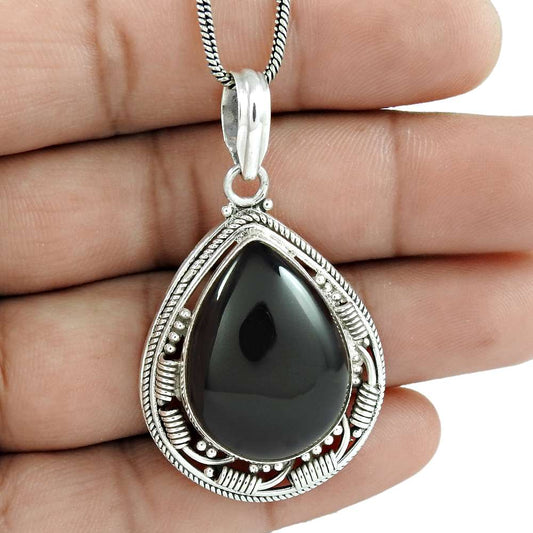 Natural Onyx Gemstone Pendant Black 925 Sterling Silver Indian Jewelry T10