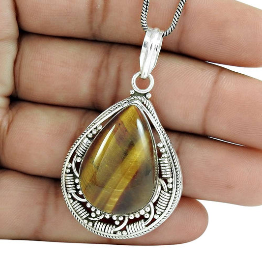Halloween Gift Natural Tiger'S Eye Gemstone Pendant Boho 925 Sterling Silver V14