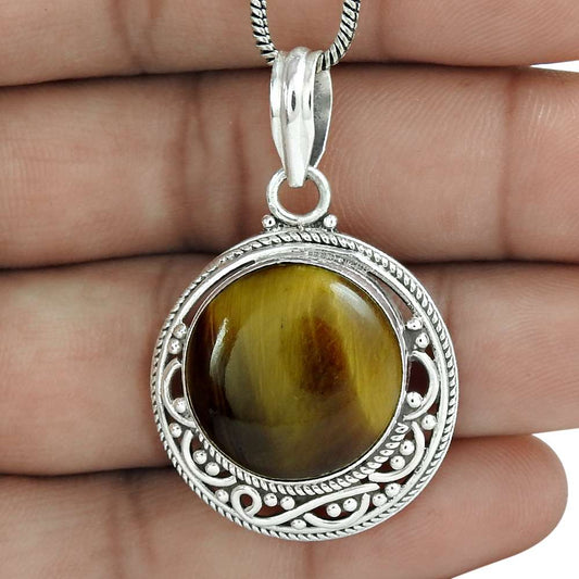 Natural Tiger'S Eye Gemstone 925 Sterling Silver Pendant Boho For Girls C52