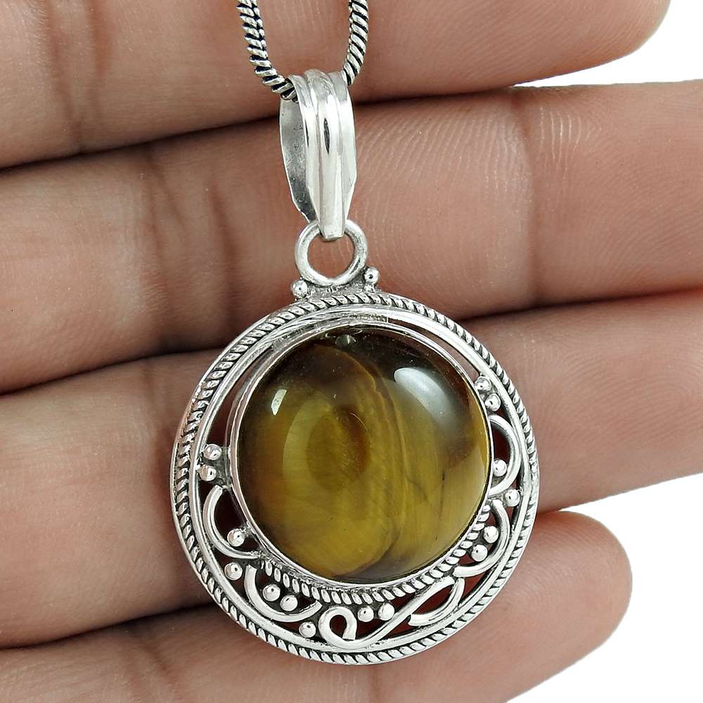 Natural Tiger'S Eye Gemstone 925 Sterling Silver Pendant Tribal For Women U24