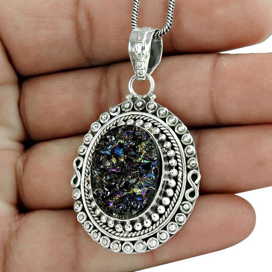 Halloween Gift Natural Titanium Druzy Gemstone Pendant 925 Silver Jewelry W14