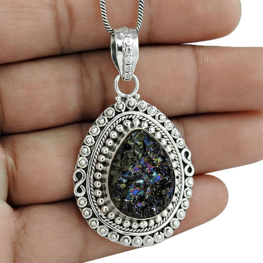 Natural Titanium Druzy Gemstone Pendant Bohemian 925 Silver For Women C35