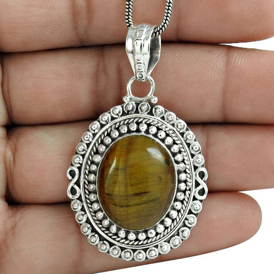 Natural Tiger'S Eye Gemstone Pendant 925 Sterling Silver Jewelry For Girls W10