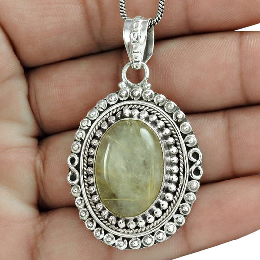 Natural Golden Rutile Gemstone 925 Sterling Silver Pendant Boho For Women Q1